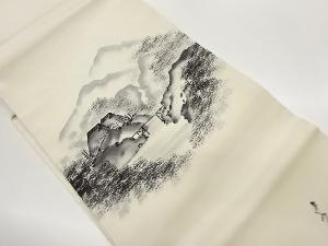 作家物 塩瀬手描き屋敷に木々・遠山模様名古屋帯